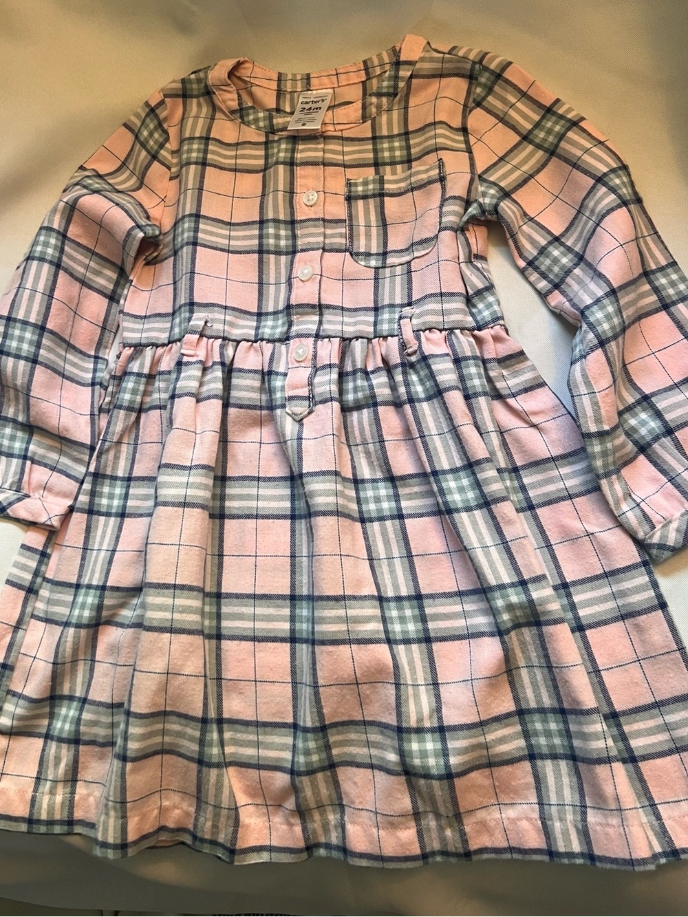 Carter's Pink & Gray Plaid Flannel Long Sleeve Dress 24M